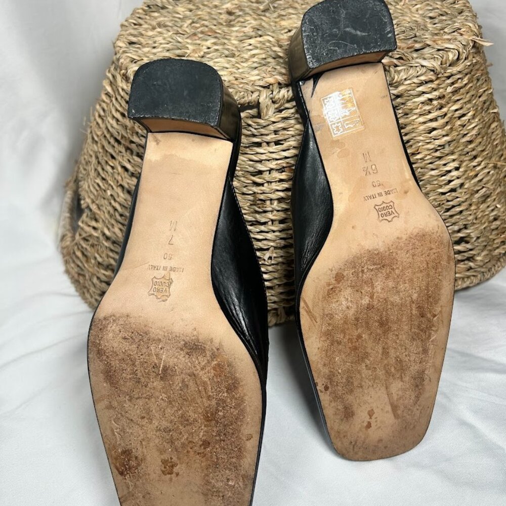 Via Spiga Black Leather Mule Heels Made in Italy Size 7 Slip On Sleek Minimalist - Picture 5 of 12